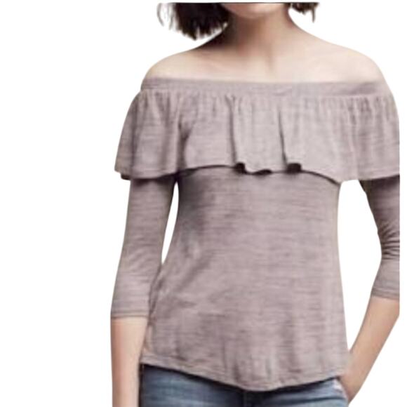 Anthropologie Dolan Charla Heather Taupe Off Shoulder Ruffled Neckline Top Med - Picture 7 of 10